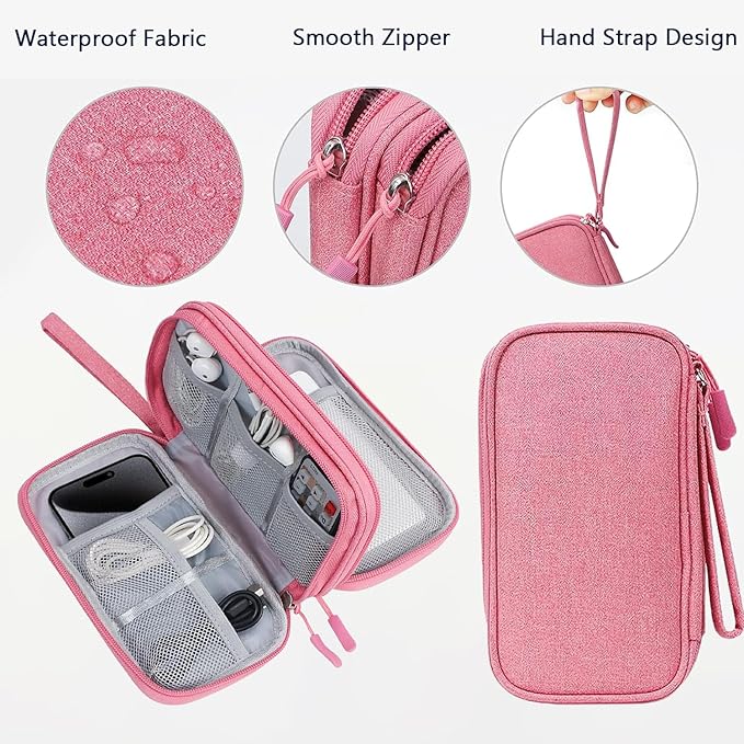 Portable Waterproof Double Layers Travel Cable Organizer Pouch Electronic Accessories Carry Case All-in-One Storage Bag for Cord, Charger, Phone, Earphone, Pink