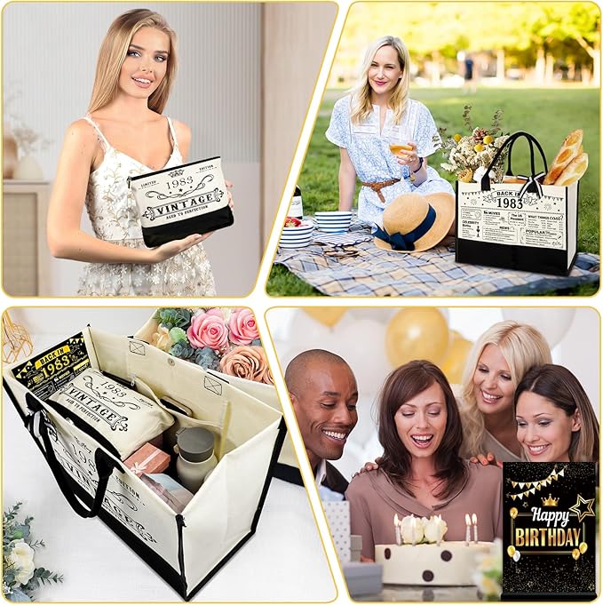 YeohJoy 42nd Birthday Gifts for Her Canvas Tote Bag Travel Gear, Unique 42 Years Old Birthday Gifts for Girlfriend Sister Friends Women, Vintage 1983 Handbag & Cosmetic Bag & Back in 1983 Poster