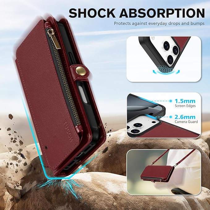 TUCCH Detachable Crossbody Case Wallet for iPhone 17 Pro 6.3", Wireless Charging | RFID Blocking 9 Card Holders | Lanyard | Wrist Strap | Stand | Zipper Pocket | PU Leather | Magnetic Cover | Dark Red