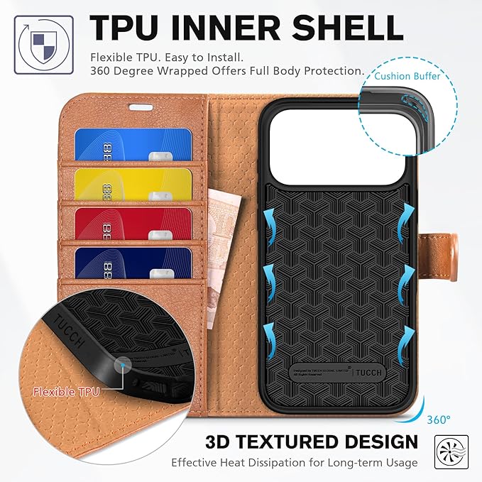 TUCCH Wallet Case for iPhone 17 Pro Max (6.9") 2025, 4 Card Holders | RFID Blocking | Stand | PU Leather | Magnetic Closure | Protective Folio Cover | Shockproof TPU Shell | Light Brown