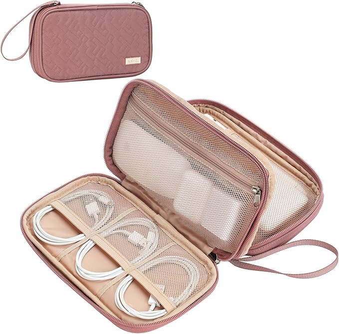 NISHEL Travel Cord Organizer Case, Double Layers Tech Electronic Bag, Essentials for Charger, Cable, Phone, Flash drive, Medium, Rose-wood Pink