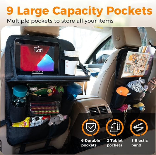 Backseat Car Organizer with Tray, 9 Storage Pockets Back Seat Protector with Foldable Tablet Holder, Waterproof Back of Seat Kick Mats for Kids Adult, Road Trip Essentials Travel Accessories, Black