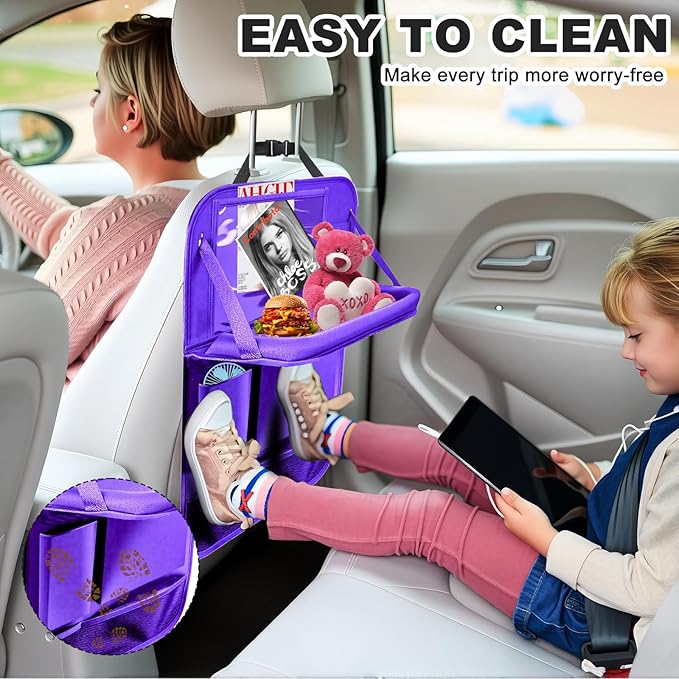 Zecirl 2Pack Car Backseat Organizer with Foldable Table Tray,6 Storage Pockets Car Storage Organizer with Tablet Holder,Car Seat Back Protectors Kick Mats Travel Accessories (Purple)