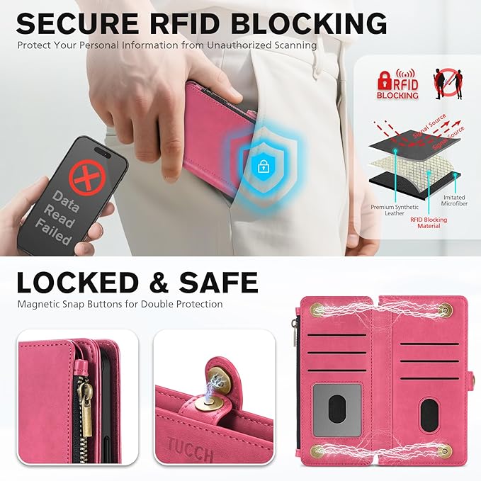 TUCCH Detachable Crossbody Case Wallet for iPhone 17 Pro Max 6.9", Wireless Charging | RFID Blocking 10 Card Holder | Lanyard Wrist Strap | Stand | Zipper Pocket | PU Leather Magnetic Cover | Hot Pink
