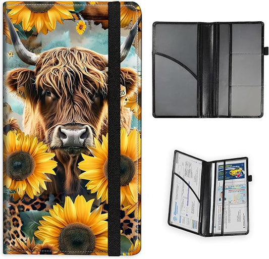 Car Registration and Insurance Holder PU Leather Vehicle Insurance and Registration Holders Wallet Case with Elastic Band Closure for ID Card, Driving Licence, Sunflower Highland Cow