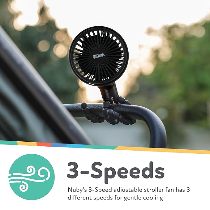Nuby 3-Speed Stroller Fan with Adjustable Legs - Stroller Accessories - Summer Travel Essentials - Ideal for Car Seats and Play Yards - Black