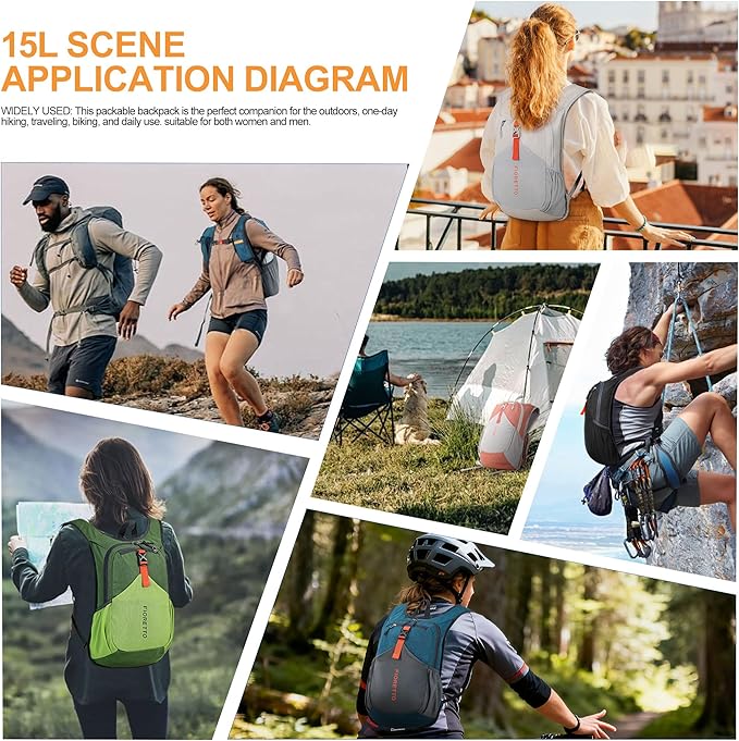 FIORETTO 15L Hiking Backpack for Women Men Mini Packable Backpack Lightweight Small Daypack for Camping Travel Outdoor, Orange