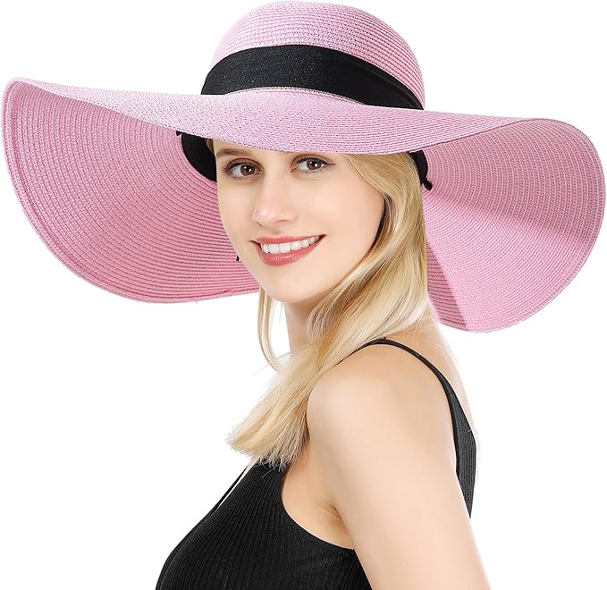 Lanzom Womens Wide Brim Straw Hat Big Floppy Foldable Roll up Cap Beach Sun Hat UPF 50+