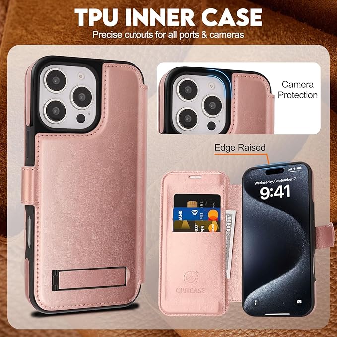 CIVICASE for iPhone 16 Pro Max Wallet Case with Stand,PU Leather Flip Credit Card Holder Slots (RFID Blocking),Compatible with Magsafe Magnetic Holder Phone Cover Women Men,Rose Gold