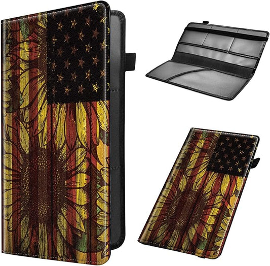 Car Registration and Insurance Holder, Leather Car Glove Box Organizer, Cool Car Accessories for ID, Driver's License Cards & Essential Document, Business Cards, Men&Women,Cute Sunflowers Flag