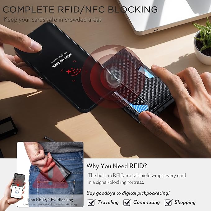 RFID Blocking Slim Wallet for Men w/Metal Pop Up Credit Card Holder & Money Clip, Minimalist Carbon Fiber Bifold Front Pocket Wallet