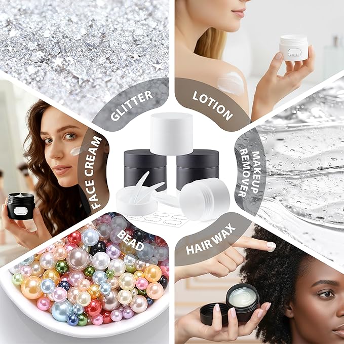 Travel Size Containers, Small Plastic Containers with Lids, 20 Gram Travel Container for Creams, Lotion, Toiletries, Makeup (2PCS Black and 2PCS White Plastic Jars)