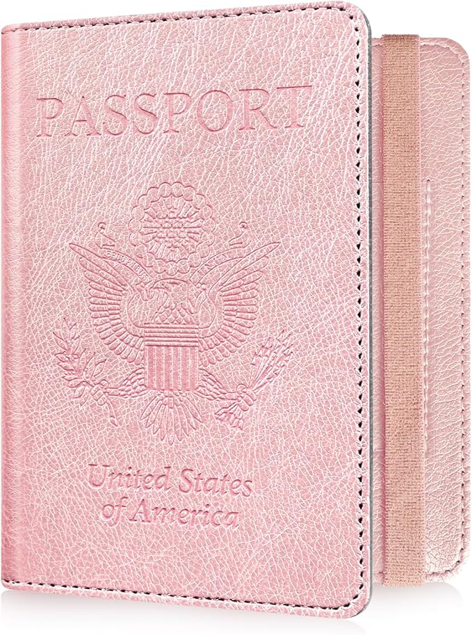 RSAquar Passport Holder for Women and Men, Premium PU Leather Travel Passport Wallet RFID Blocking Passport Cover Travel Documents Organizer (Rose Gold)