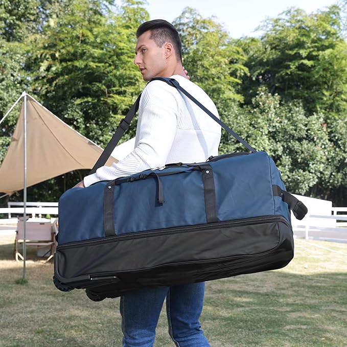 32” 1680D Oxford Foldable Duffle Bag with 2 Wheels,110L to 140L Expandable Soft Sided Rolling Travel Bag,Navy