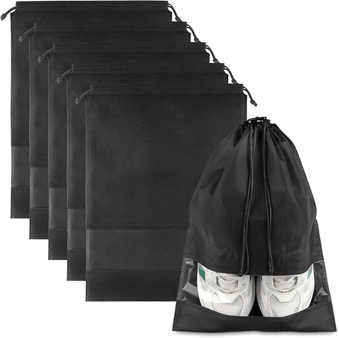 Large Black Travel Shoe Bags - 5 Pcs with Clear Window, Non-Woven Drawstring, 12.6" X 17.3" for Men Women