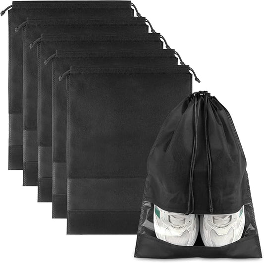 Large Black Travel Shoe Bags - 5 Pcs with Clear Window, Non-Woven Drawstring, 12.6" X 17.3" for Men Women