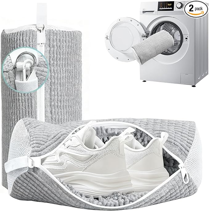 Shoe Washing Machine Bag 2 Pack, 360°Deep Clean Durable Shoes Laundry Bag for Washer and Dryer, Reusable Shoe Cleaner Bags, Sneaker Washing Machine Bag, Gray