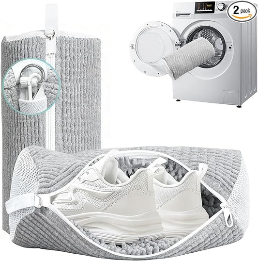 Shoe Washing Machine Bag 2 Pack, 360°Deep Clean Durable Shoes Laundry Bag for Washer and Dryer, Reusable Shoe Cleaner Bags, Sneaker Washing Machine Bag, Gray