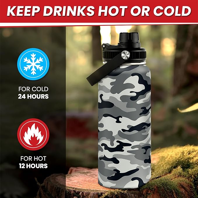 Camo Water Bottle - Camouflage Bottles 32oz Stainless Steel Insulated Sports Tumbler with Lid, Gifts for Men Veteran Hunting Lover Sport Outdoor Workout