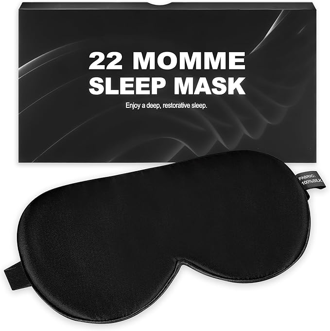Silk Sleep Mask 100% 22 Momme Mulberry, Sleep Eye Mask for Women Men, Blackout Blindfold with Adjustable Strap, Side Sleeper Eye Cover, Soft Eyeshade Filled with Premium Mulberry Silk (Black)