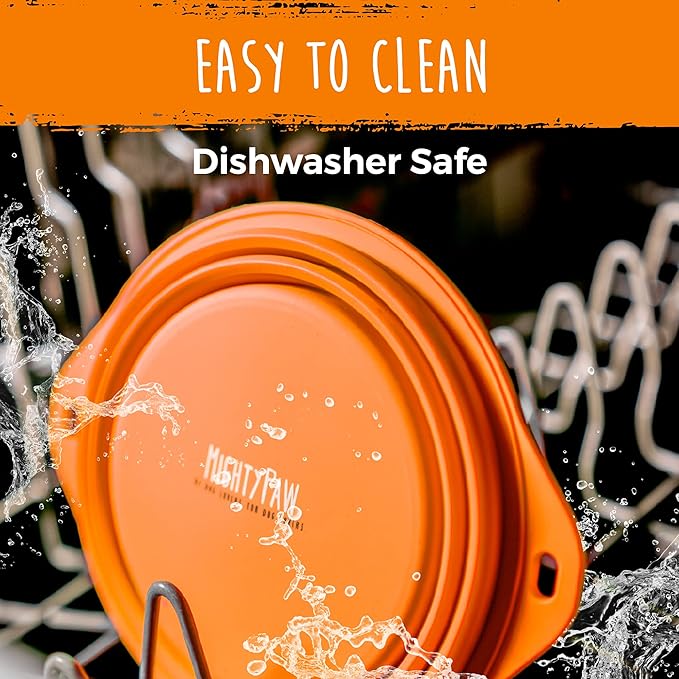 Mighty Paw Collapsible Travel Dog Bowl Set - Silicone Food and Water Bowls - Bonus Carabiner Clip - Ideal Hiking - Camping - Walking - Lightweight - Leak-Proof Dog Set - Orange - 2 Pack (27 oz)