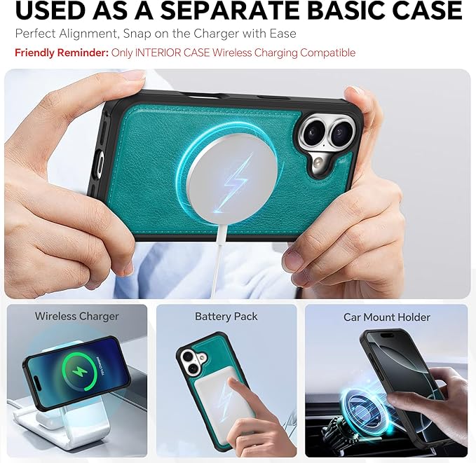 TUCCH Detachable Case Wallet for iPhone 17 (6.3") 2025, Wrist Strap | 4 Card Slots RFID Blocking | Wireless Charging | Stand | 2-in-1 Magnetic | PU Leather | Shockproof Folio Cover | Cyan
