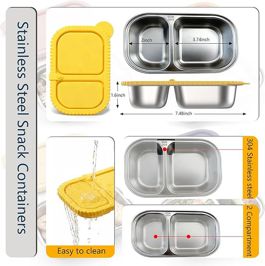 SHRONGZHI 304 Stainless Steel 2-Compartment Snack and Lunch Container with Easy-Open Silicone Lid, Built-In Utensil Clip, Leak-Proof and Stackable Design - Reusable Food Storage Box (SET B, 3 Pack)