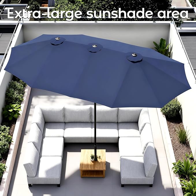DomeShade 15ft Patio Umbrella with Base,Large Outdoor Double-Sided Rectangle Umbrella with Crank Handle, Market Umbrella for Poolside Garden Deck Backyard Beach Pools, Blue