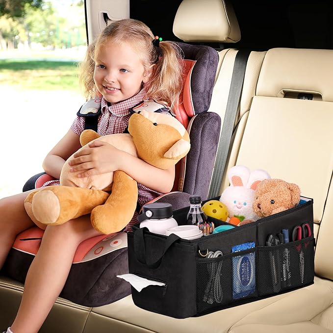 HEYSKAY Car Seat Organizer-Passenger Seat Organizer, Collapsible Small Car Seat Organizer for Console Front/Back, Car Caddy with 4pc Drink Holders Automotive Backseat Organizer for Kids