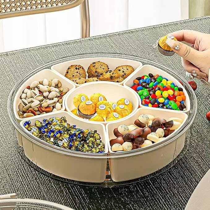 Divided Serving Tray with Lid and Handle,Portable Divided Snackle Box Container 6 Compartments,Clear Lazy Susan Organizer and Fridge Storage Container for Candy,Nuts,Fruits,Snacks and Veggie