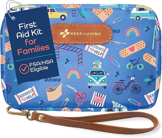 KeepGoing Travel First Aid Kit for Kids – 130 Pc. for Car, Home, Purse, Diaper Bag & Backpack with Latex-Free Bandages - Mini First Aid Kit Travel Size TSA-Approved
