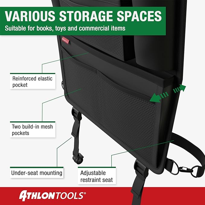 ATHLON TOOLS car seat organizer with integrated tablet holder - Reinforced back - with extra pen pocket - for business and children - Designed in Germany