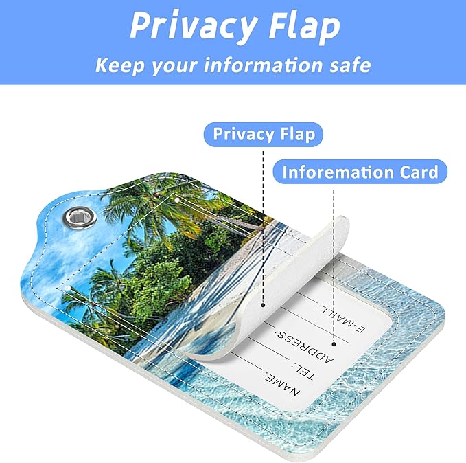 2 Pack Luggage Tags for Suitcase Maldives Islands Tropical Beach Leather Stainless Steel Loop Label Tags for Women Men Travel Bag Suitcase with Privacy Cover Name ID Card