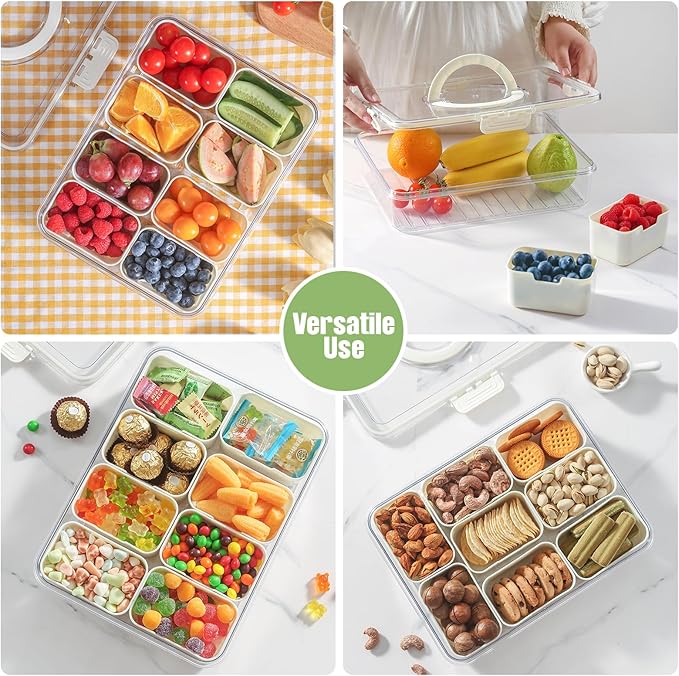 Snackle Box Container with Sealed Lid – Portable BPA-Free Snack Box with Foldable Handle, Divided Serving Tray for Fruit, Candy, Nuts & Veggies – Perfect for Travel, Picnic, Beach & Party 11.8" x 8.8"