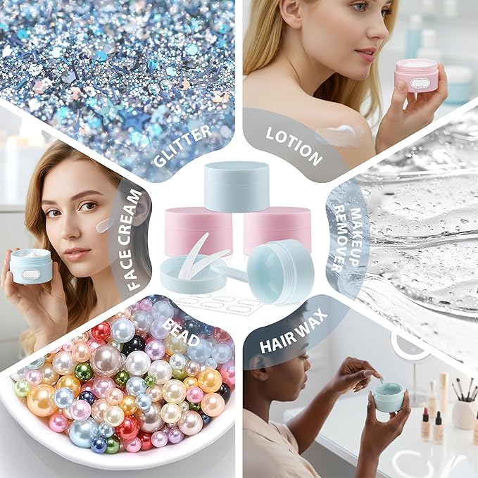 Travel Containers for Creams, Plastic Refillable Mini Lotion Jars with Lids for Toiletries, Leak Proof Small Travel Cream Jars for Face Cosmetic Makeup Beauty Products Sample (50g, 4Pack, Blue Pink)