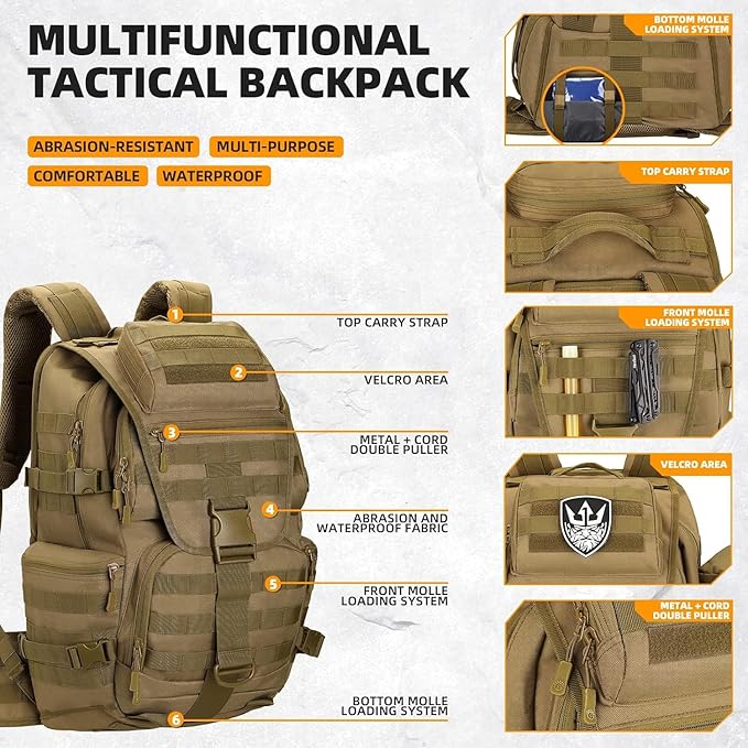HongXingHai 50L Military Tactical Backpack 3 Day Assault Pack Molle Daypack Hiking Backpack for Men and Women (Khaki)