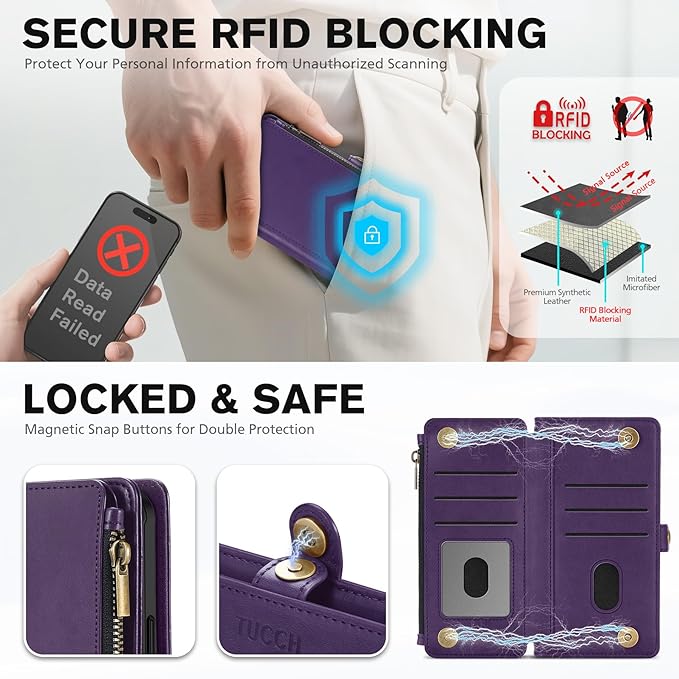 TUCCH Removable Crossbody Wallet Case for iPhone 17 Pro Max, RFID Blocking 10 Card Holders, Lanyard, Wrist Strap, Wireless Charging, Stand, Zipper Pocket, PU Leather, Magnetic Flip Cover, Deep Purple