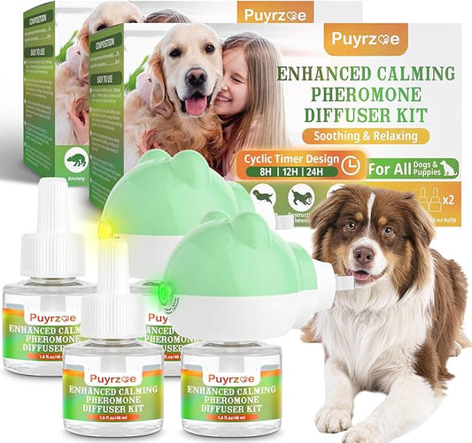 Dog Calming Diffuser with Timing Functions, 6-in-1 Dog Anxiety Relief Diffuser Kit, 120-Day Anxiety Relief, Stress Relaxation Pheromones Calming for All Dogs (2 Diffusers + 4 Refills)