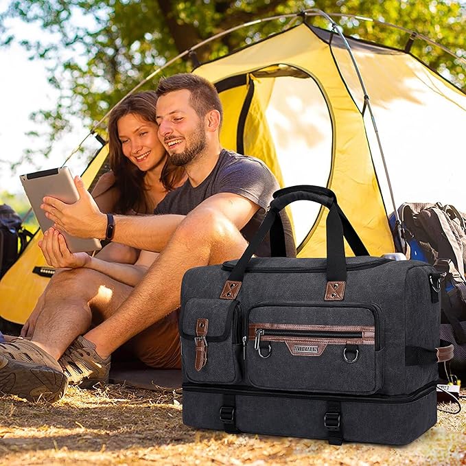 WITZMAN Canvas Weekender Bag Mens Overnight Bag for Traveling Carry on Duffle Bags with Shoes Compartment（A8010 Classic Black）