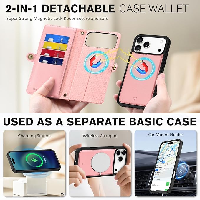 TUCCH Detachable Crossbody Wallet Case for iPhone 17 Pro Max 6.9", 10 Card Slots RFID Blocking | Stand | Lanyard Wrist Strap | Wireless Charging | Zipper Pocket | PU Leather Magnetic Cover | Rose Gold