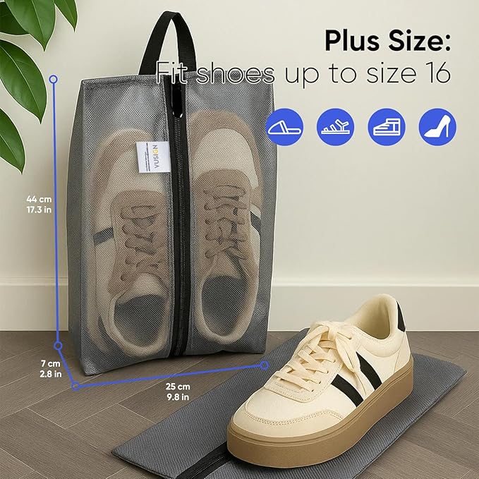 VUSIGN Plus-Sized Travel Shoe Bag, Water-Resistant Shoe Pouch for Gym and Sport, Odor-Resistant Soccer Cleats Bag (Gray, 1-Pack)