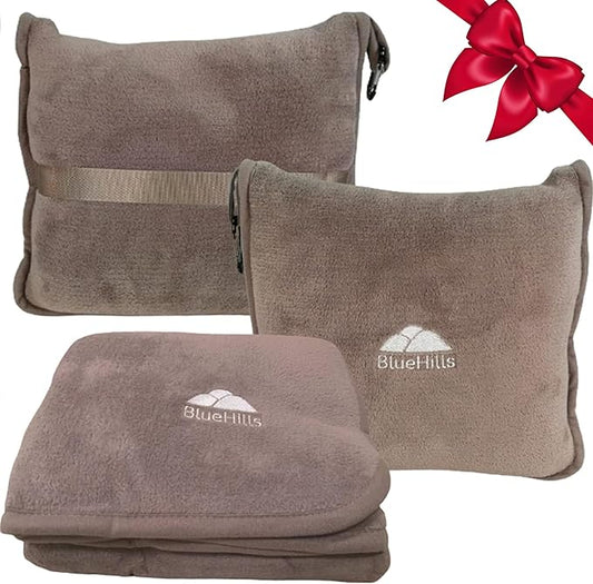 BlueHills Premium Soft Travel Blanket Pillow Airplane Flight Blanket Throw in Soft Bag Pillow case with Luggage Belt & Backpack Clip Compact Pack Large Airport Taupe T023