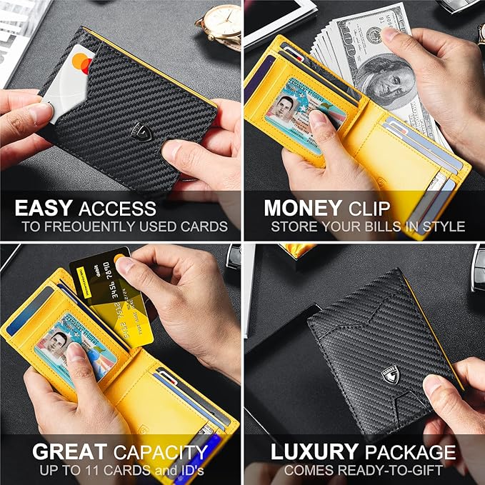 GSOIAX Mens Slim Wallet for Men Minimalist Genuine Leather Carbon Fiber Rfid Blocking Bifold Credit Card Holder With Gift Box (Yellow and Carbon Black)