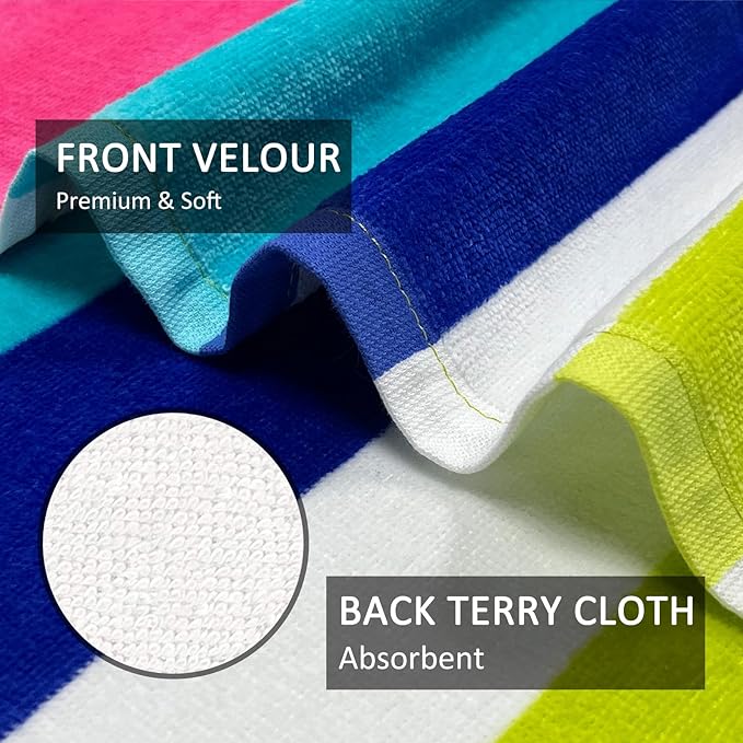cabanana Large Beach Towel Oversized - Cotton Velour 35 x 70 Inch Rainbow Striped Terry Pool Towel, Cabana Soft Swimming Towel for Adults Women Men (Rainbow Pink)