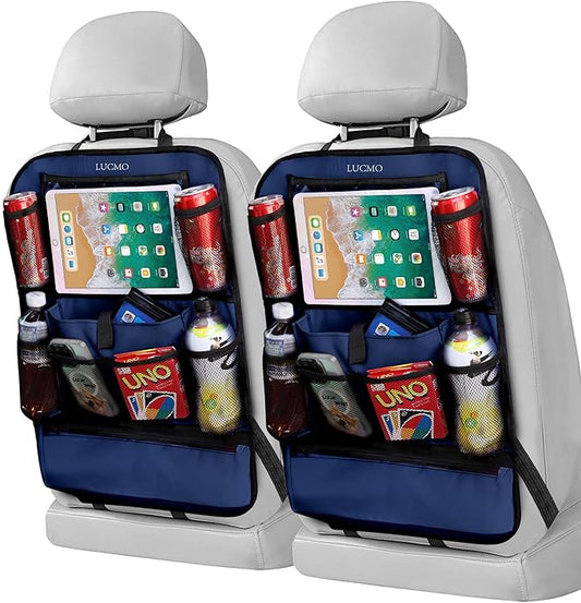 LUCMO Car Backseat Organizer with Touch Screen Tablet Holder-2 Pcs,9 Storage Pockets Car Storage Organizer Protectors Kick Mats Travel Accessories for Kids-Dark Blue