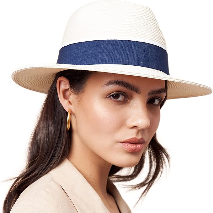 Pineapple&Star Sun Straw Fedora Beach Hat Fine Braid UPF50+ for Women