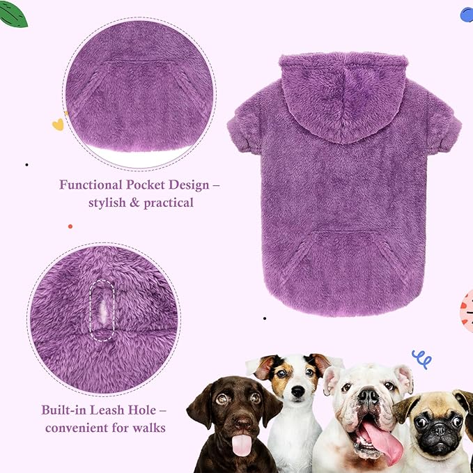 Dog Sweater,Dog Hoodies,Warm Fuzzy Fleece Sweatshirt with Hood & Pocket,Leash Hole,Cozy Cold Weather Pet Clothes Sweater for Small,Medium,and Large Dogs(Purple,XL)
