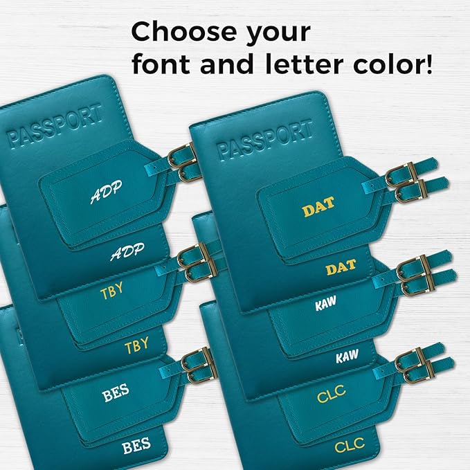 Personalized Monogrammed Teal Leather RFID Passport Cover Holder and 2 Luggage Tags