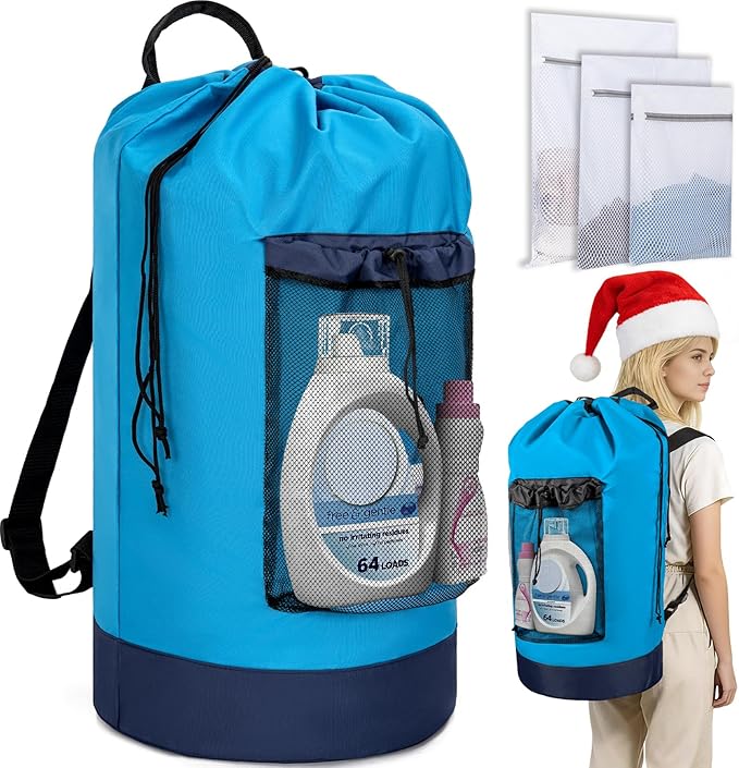 Laundry Bag Backpack with 3 Sizes Mesh Wash Bags and Shoulder Straps Foldable Clothes Hamper Bag with Drawstring Closure for College, Apartment, Laundromat (Blue)