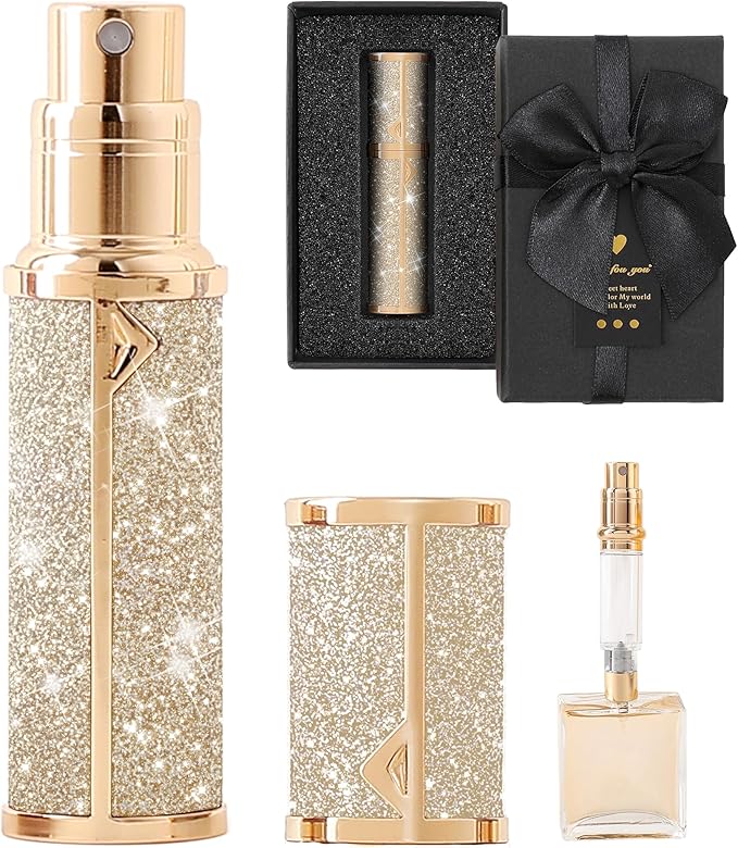 Travel Perfume Bottle Refillable, Sparkle Perfume Atomizer Leak-Proof Portable 5ML Mini Empty Atomizer Sprayer Bottle for Traveling and Outgoing (Golden, 5ML)